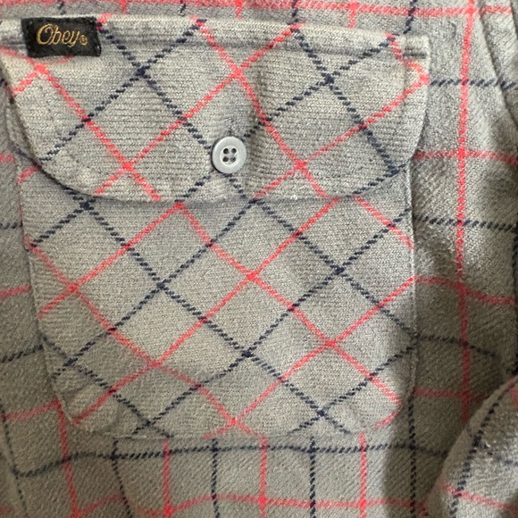 Obey Clothing Flannel Men’s Small Gray Orange Black Plaid Casual Skate - Picture 2 of 3